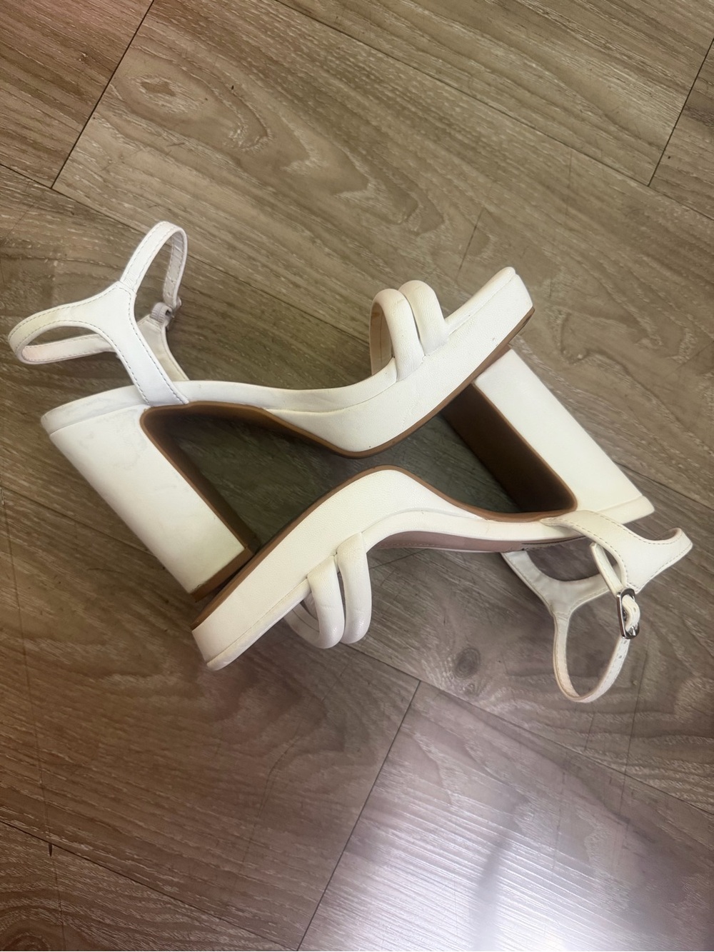 Steve Madden White Block Heel Strappy Sandals with Ankle Buckle